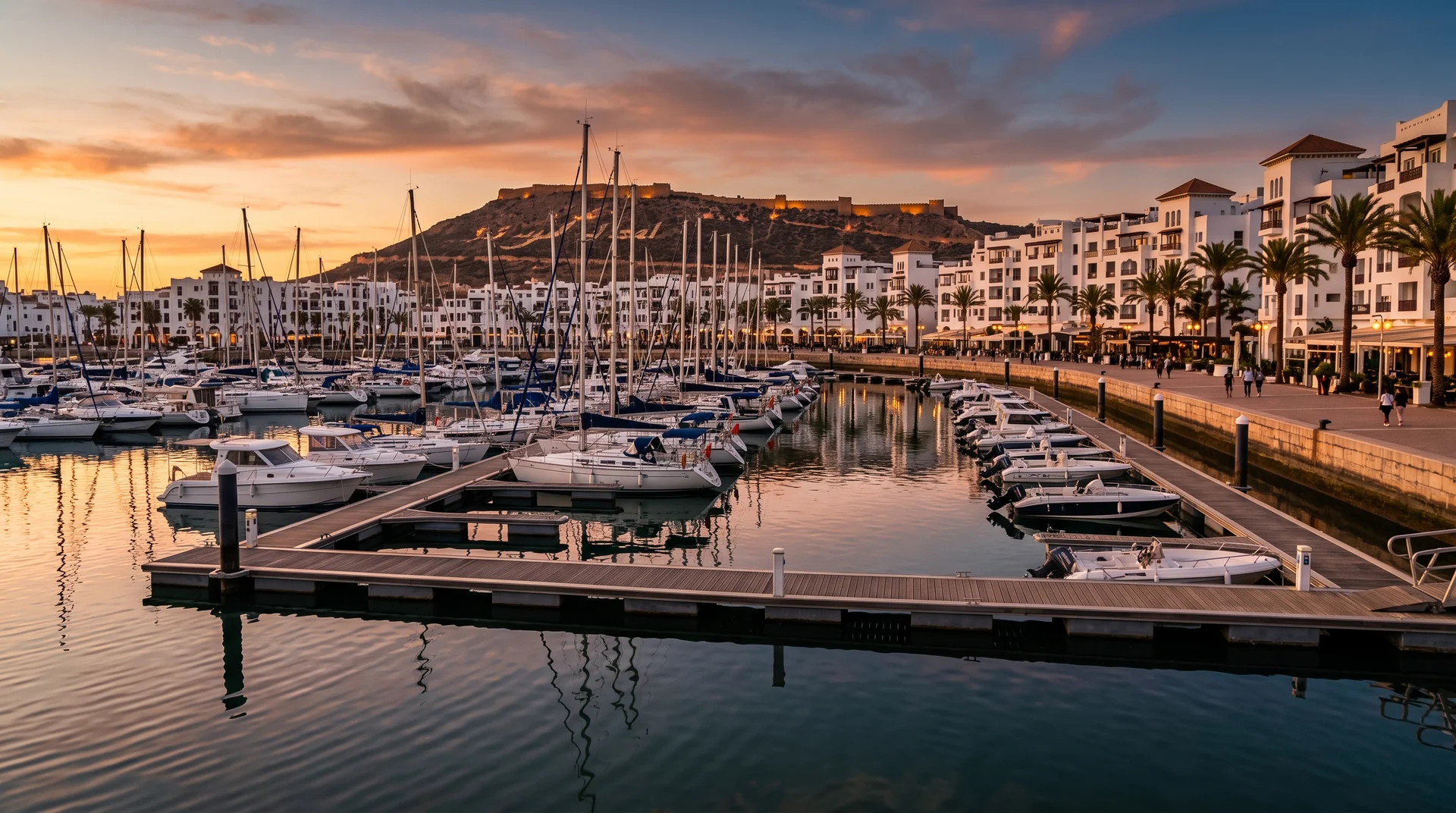 La marina d'Agadir : la promenade du soir entre voiliers et bateaux de pêche - Agadir